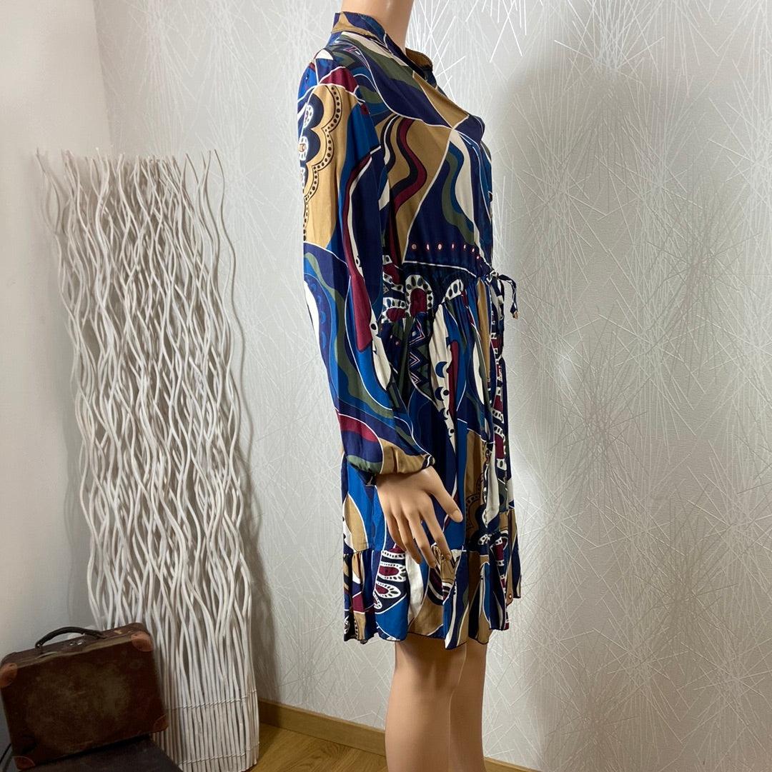 Robe courte cintrée bleu multicolore manches longues Studio Birkin - Offre-Unique