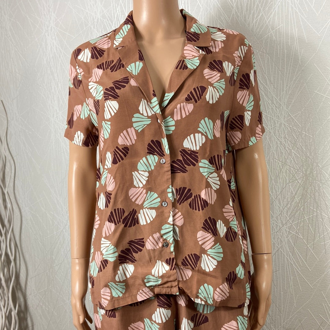 Blouse coupe droite manches courtes marron motif coquillages Shells Almond Zilch