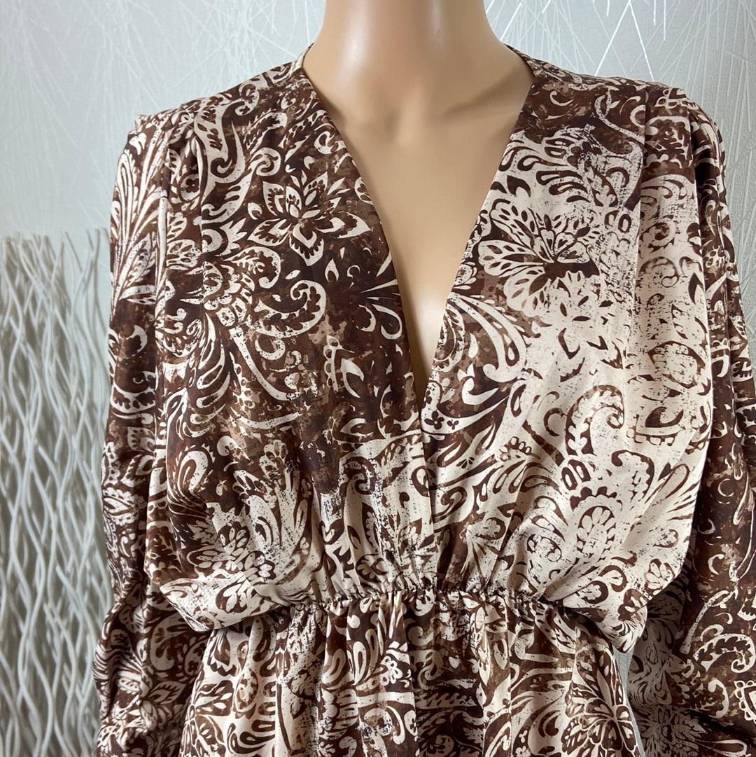 Robe légère manches longues marron col V Made In Italy - Offre-Unique