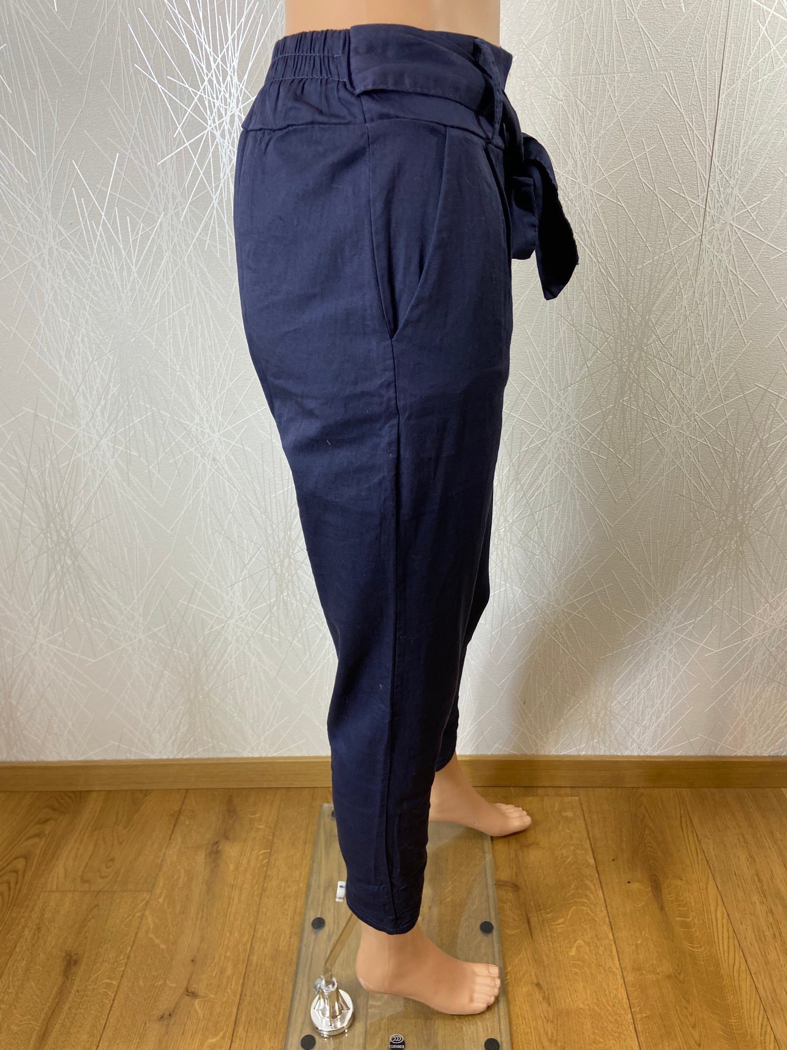 Pantalon coton léger bleu marine taille mi-haute élastique flot Made In Italy