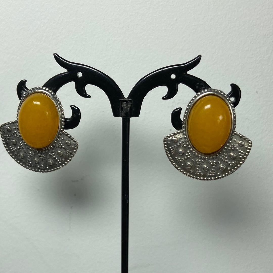 Boucles d’oreilles plaquées argent pierre semi-précieuse jaune orangé Shabada - Offre-Unique