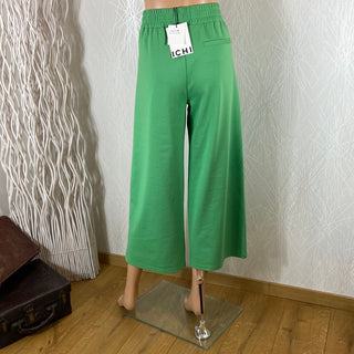 Pantalon femme vert 7/8 jambes larges taille haute élastique Ihkate Wide Ichi