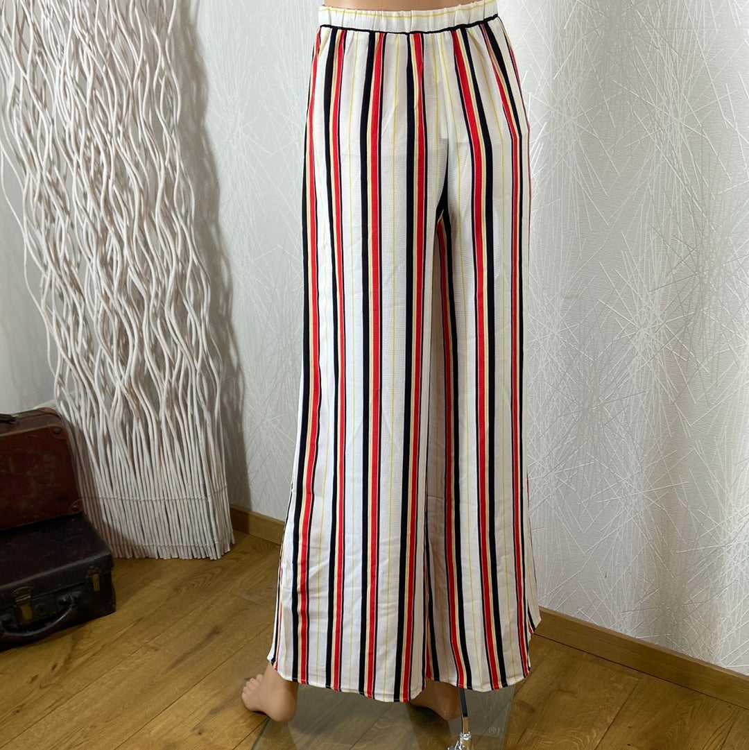 Pantalon femme rayé multicolore jambes larges taille haute élastique A Calin - Offre-Unique