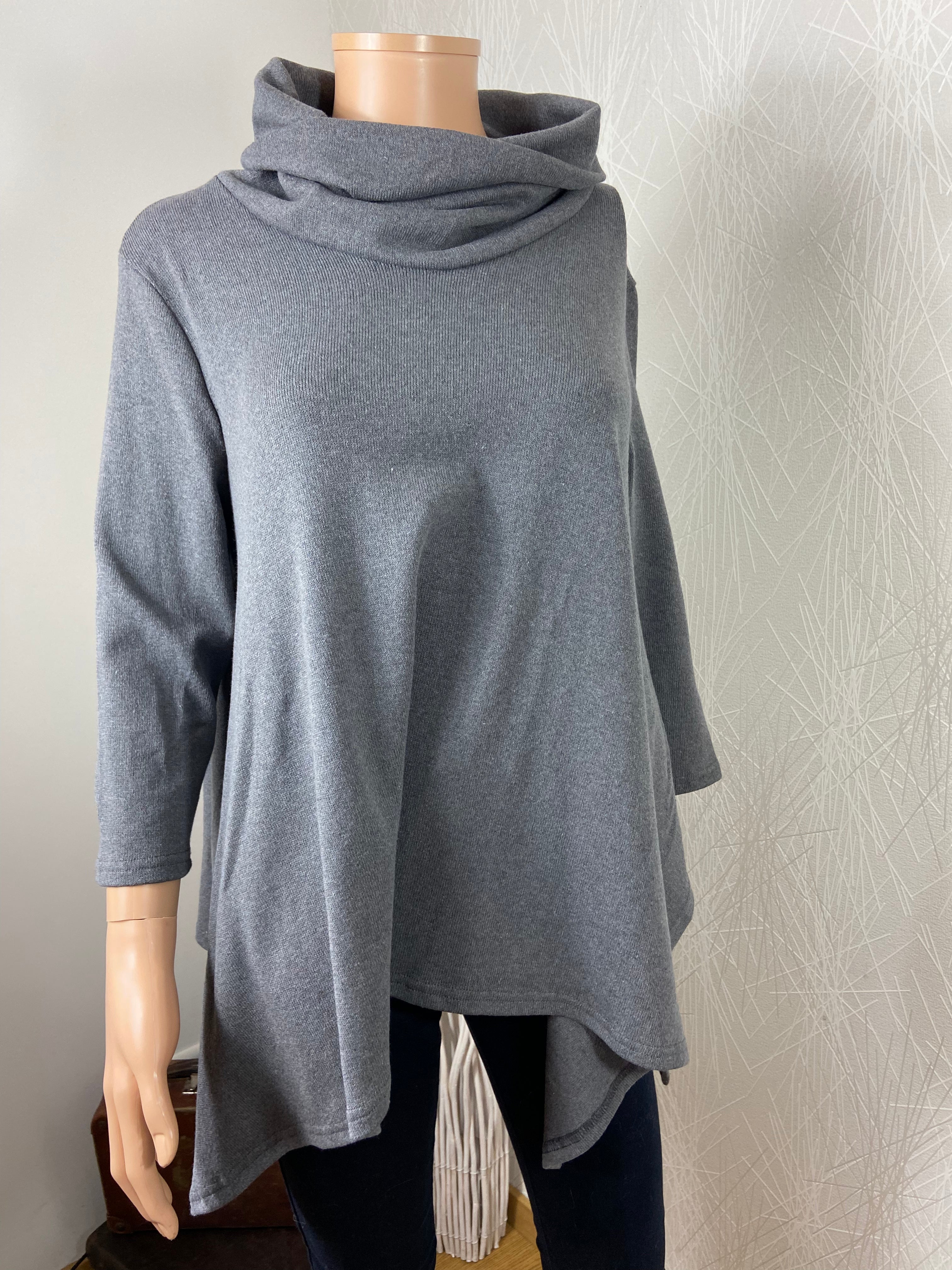 Pull gris ample col roulé femme