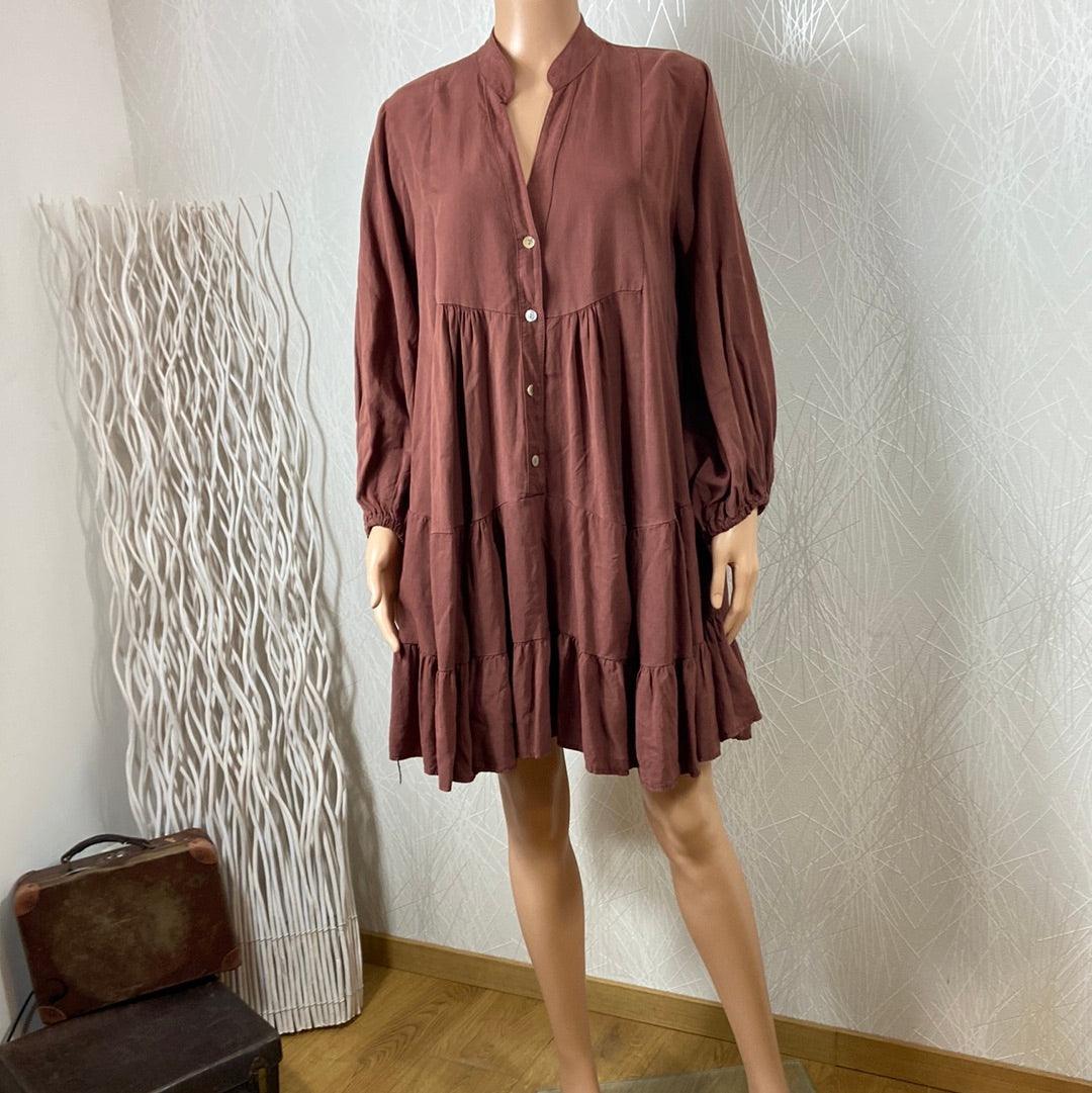 Robe courte marron uni manches longues plis Made In Italy - Offre-Unique