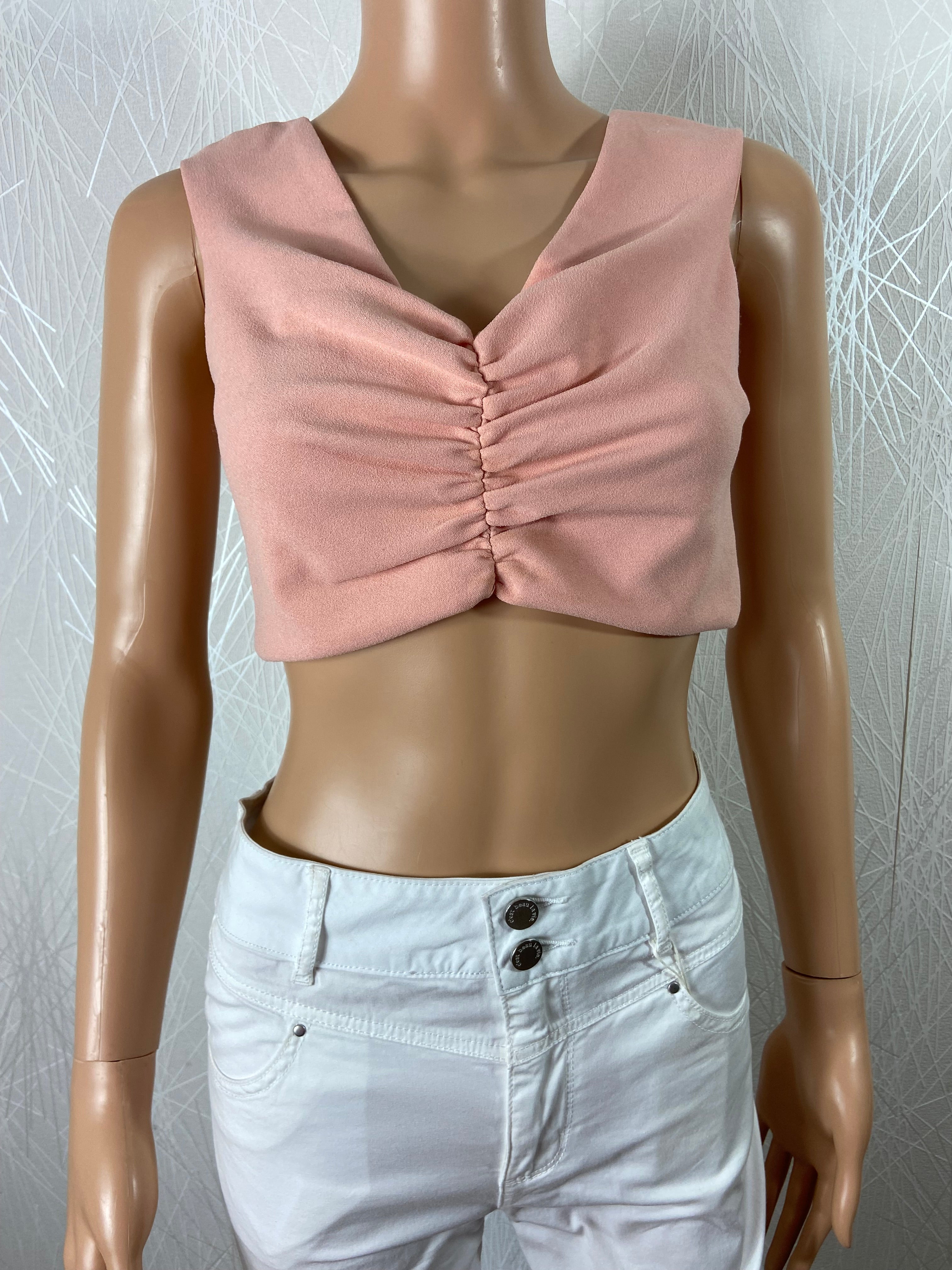 Haut rose crop top sans manches jeu de plis Vera & Lucy