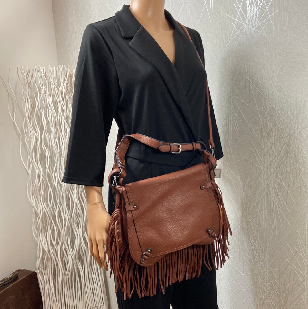 Sac bandoulière marron franges 