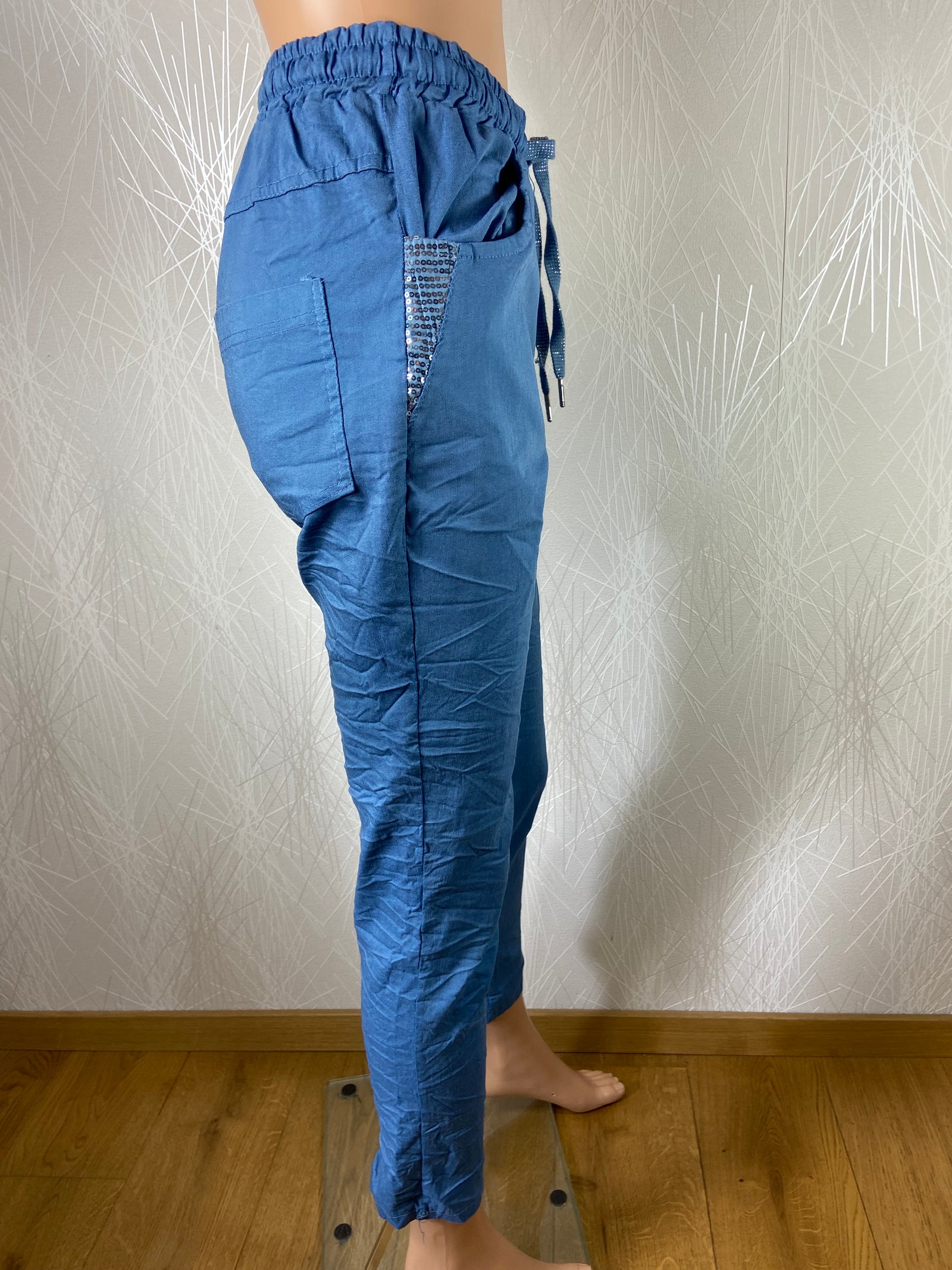 Pantalon bleu taille haute élastique avec cordon sequins Made In Italy