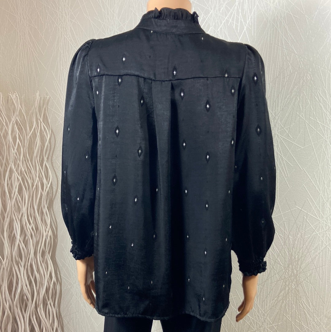 Blouse satinée noire avec motifs losange argentés Les Petites Fleurs