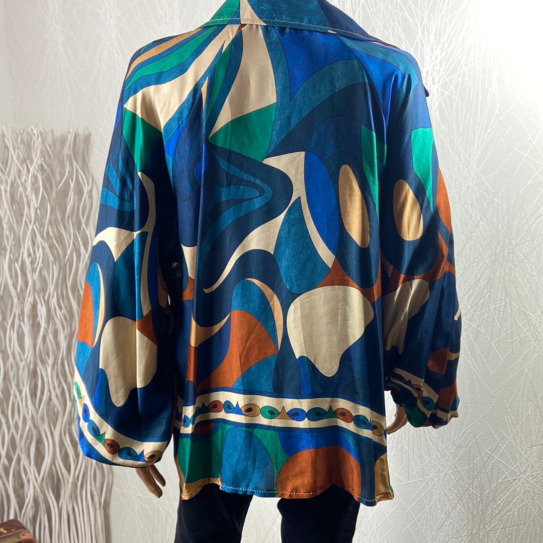 Blouse asymétrique multicolore tissu satin manches larges bouffantes Made In Italy