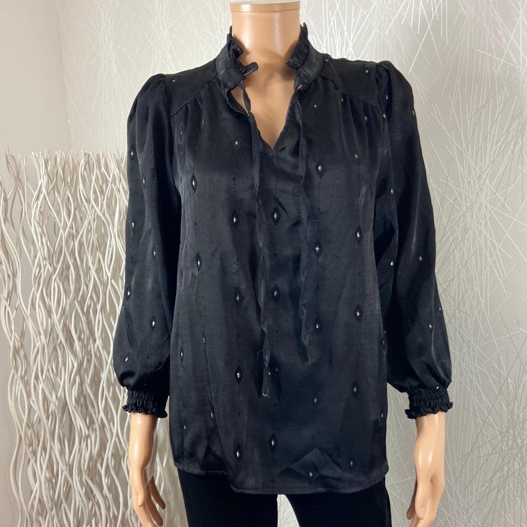 Blouse noire satin manches longues Les Petites Fleurs - Offre-Unique