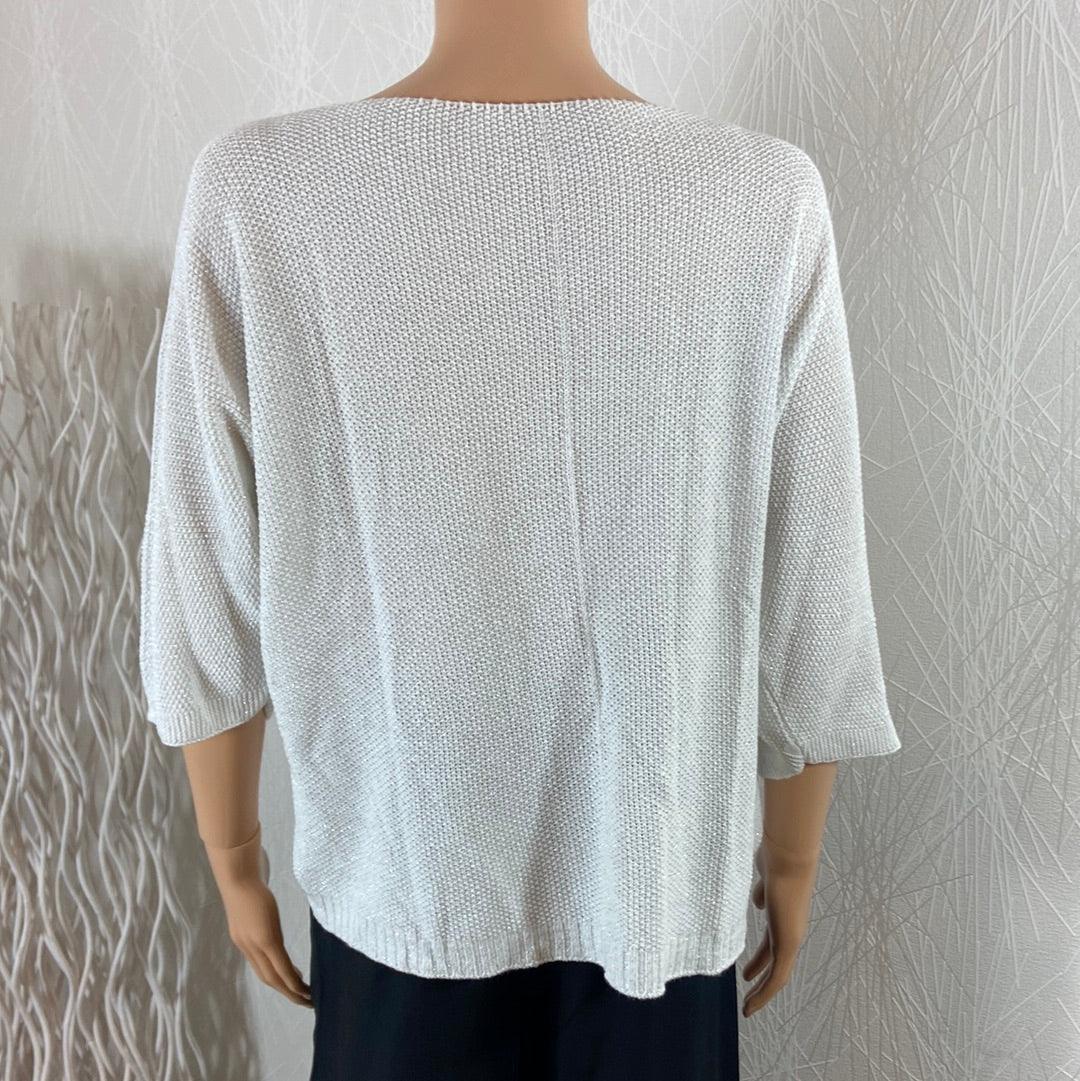 Pull blanc ample femme manches 3/4 col V fils argentés Made In Italy - Offre-Unique