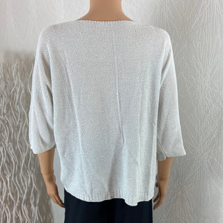 Pull blanc ample femme manches 3/4 col V fils argentés Made In Italy