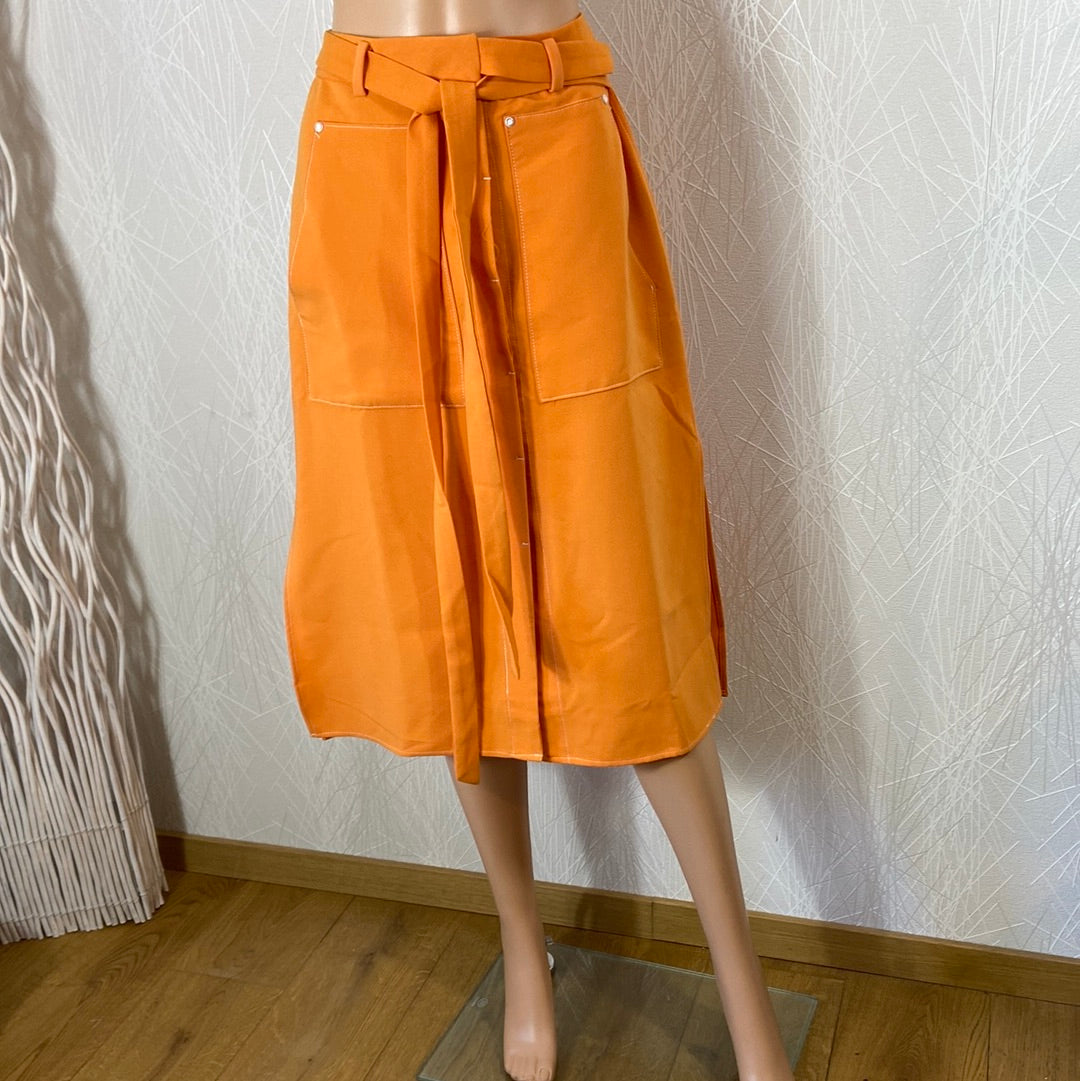 Jupe midi boutonnée fendue orange taille haute Cubic