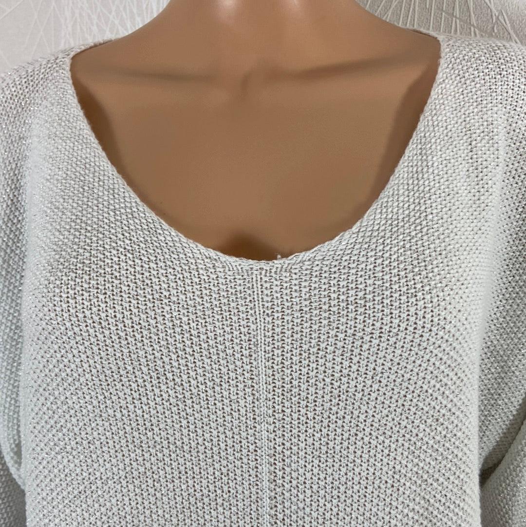 Pull blanc ample femme manches 3/4 col V fils argentés Made In Italy - Offre-Unique