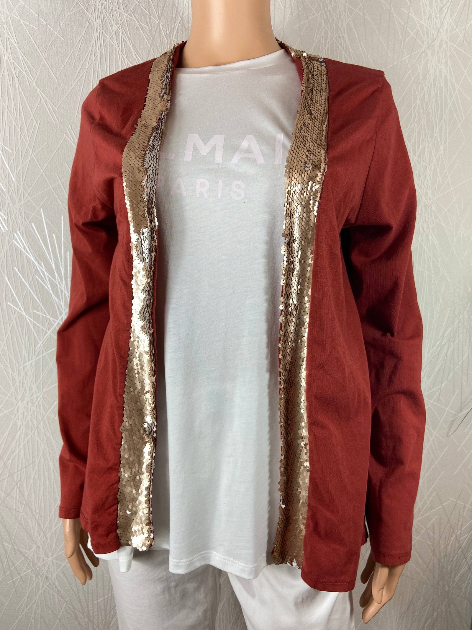 Gilet femme coton brun rouille sequins dorés coupe ample New Line