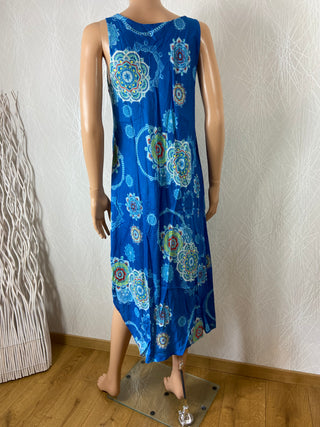 Robe bleue midi asymétrique sans manches motifs multicolore Namaste