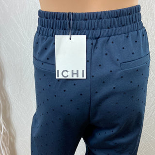 Pantalon taille haute élastique 7/8 bleu marine petits pois Ihkate Print Ichi