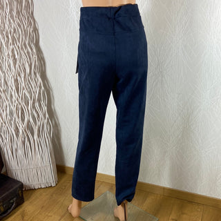 Pantalon de détente femme velours lisse marine taille haute élastique Made In Italy