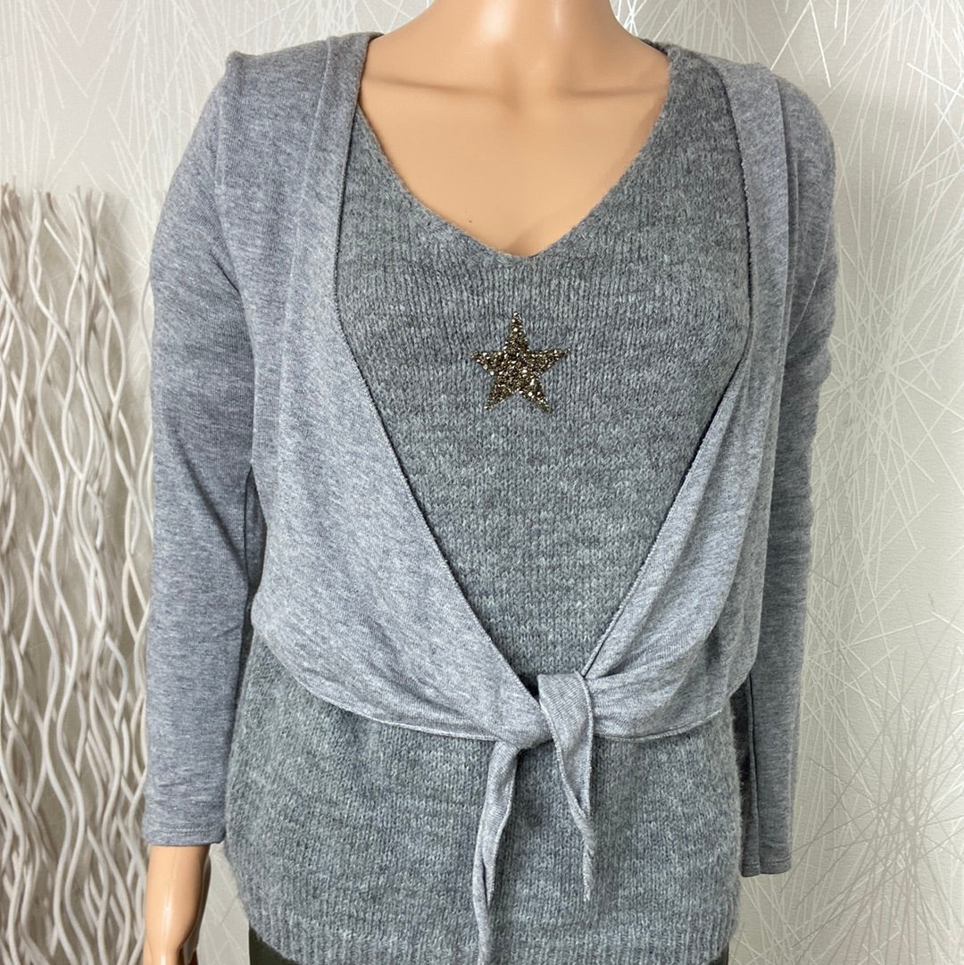 Gilet cardigan à nouer laine angora gris