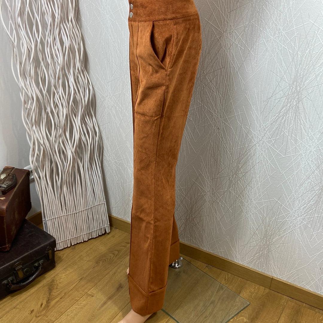 Pantalon velours côtelé brun patte d’éléphant taille mi-haute Osa - Offre-Unique