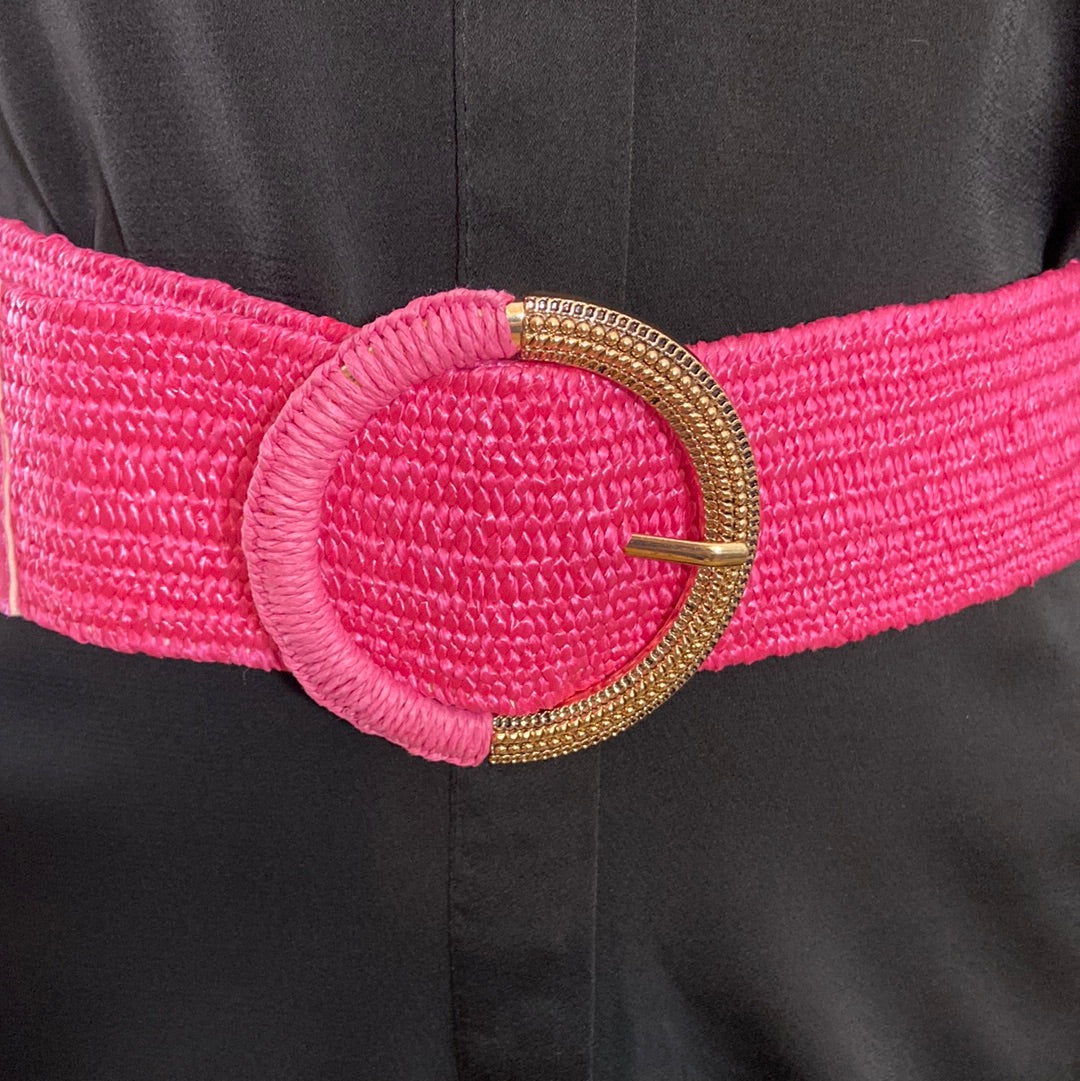 Ceinture femme en raphia rose boucle dorée