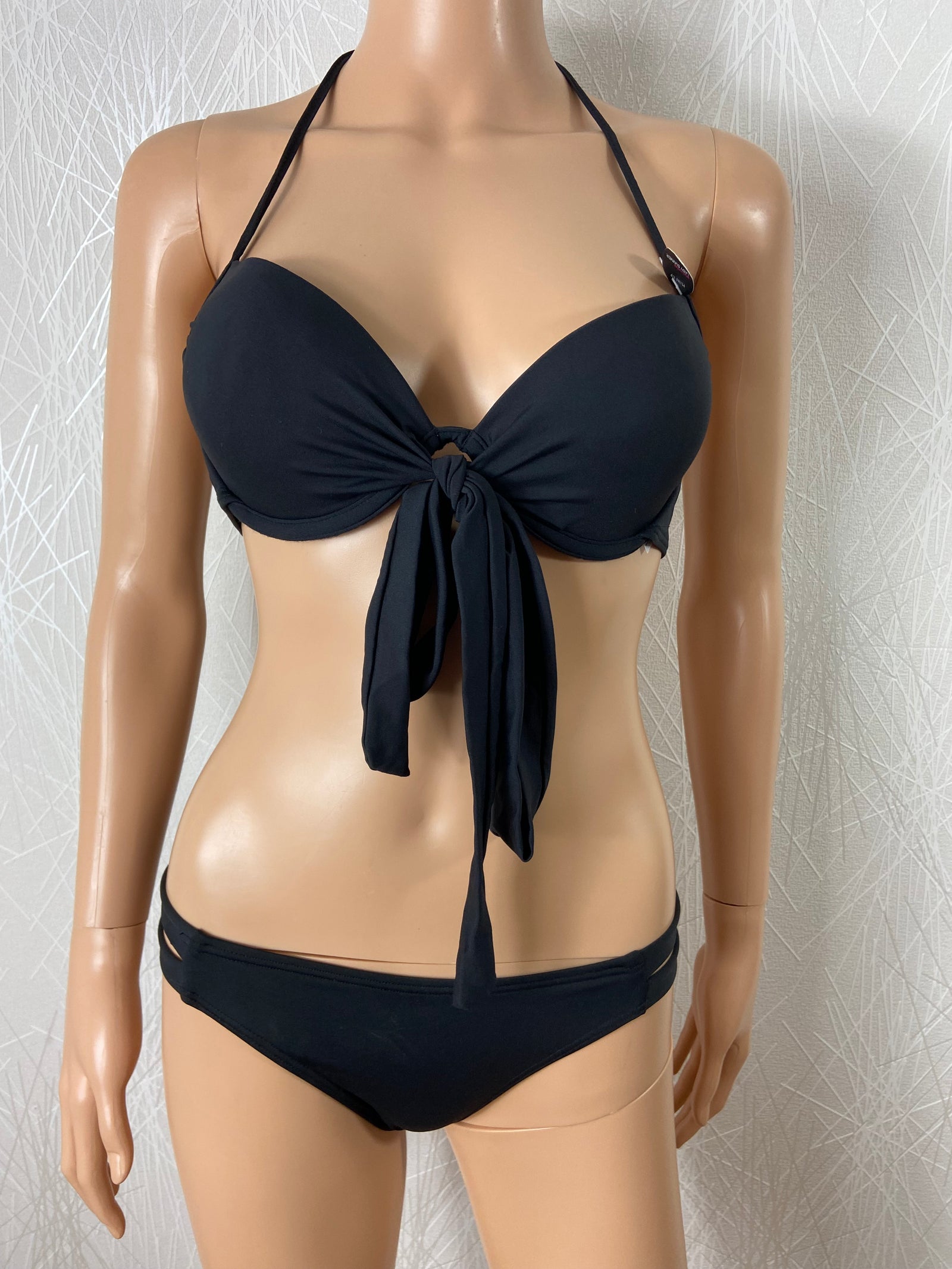 Maillot de bain noir femme 2 pièces bretelles flot bikini push-up Lady Summer