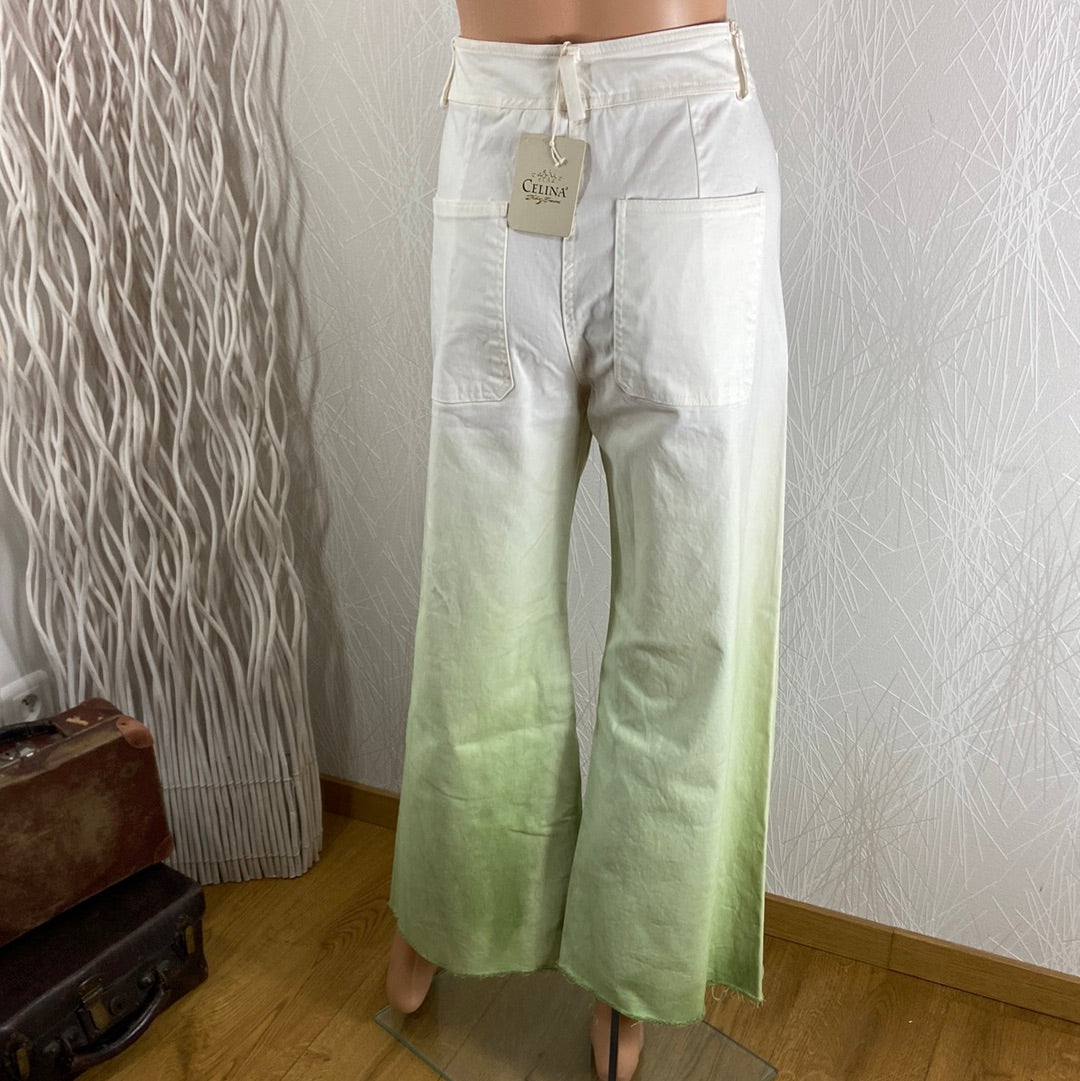 Pantalon jambes larges coton blanc et vert taille haute Celina