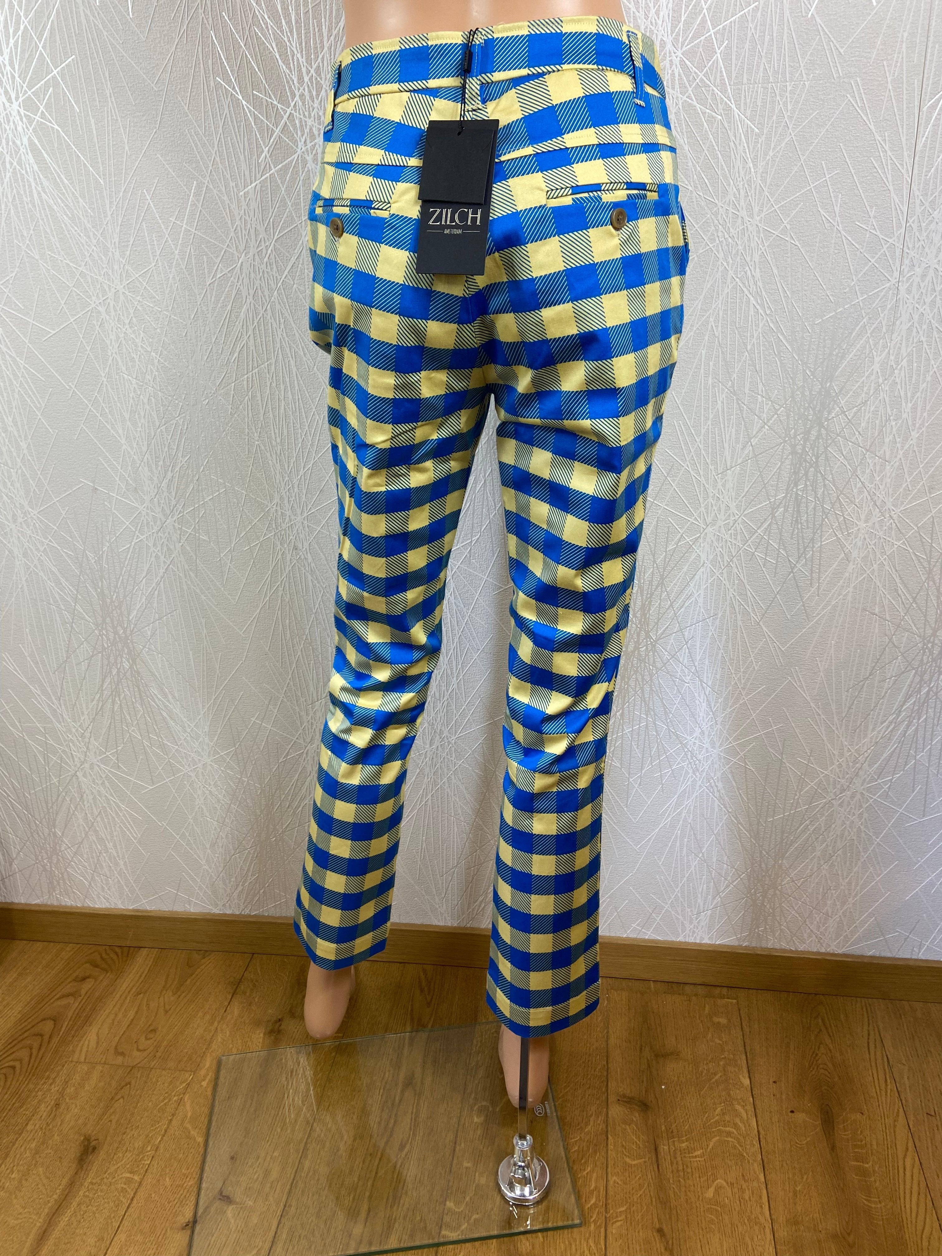 Pantalon coupe droite à carreaux bleu et jaune Zilch - Offre-Unique