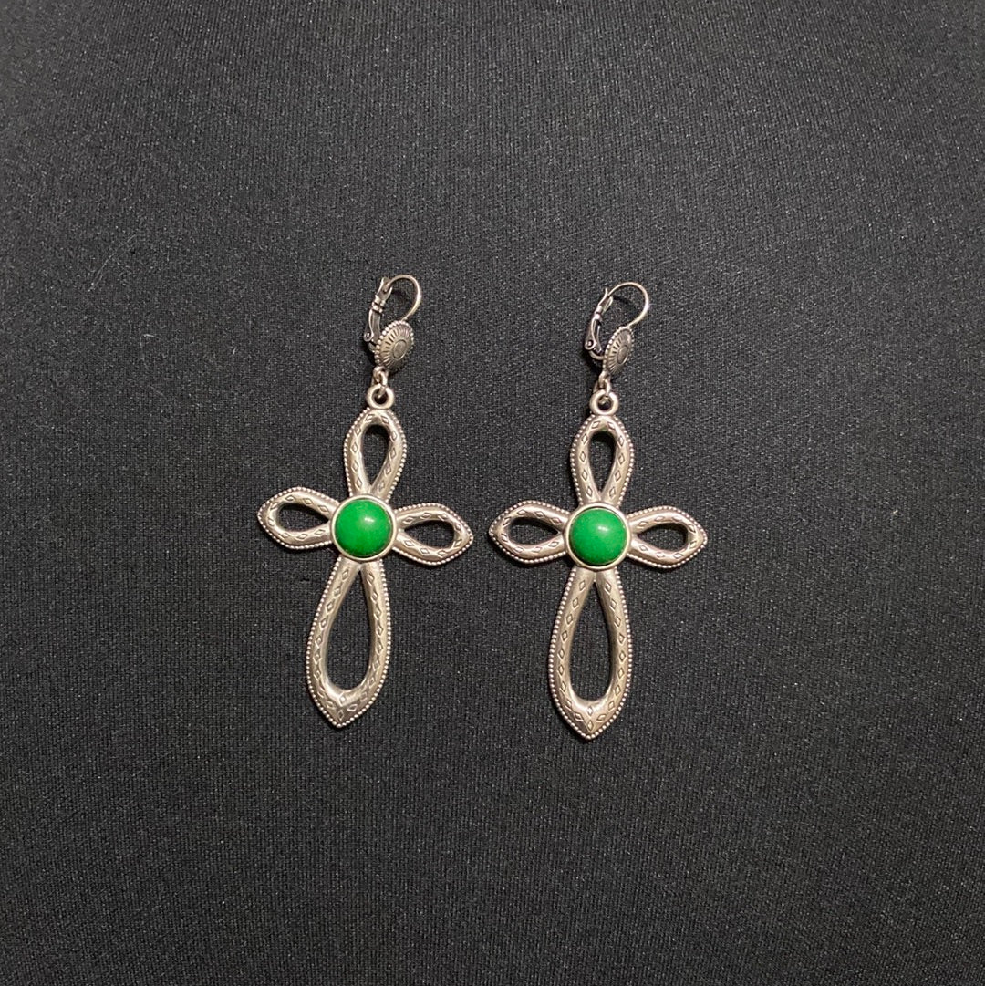 Boucles d’oreilles pendantes dormeuses plaqué argent pierre semi-précieuse verte Shabada