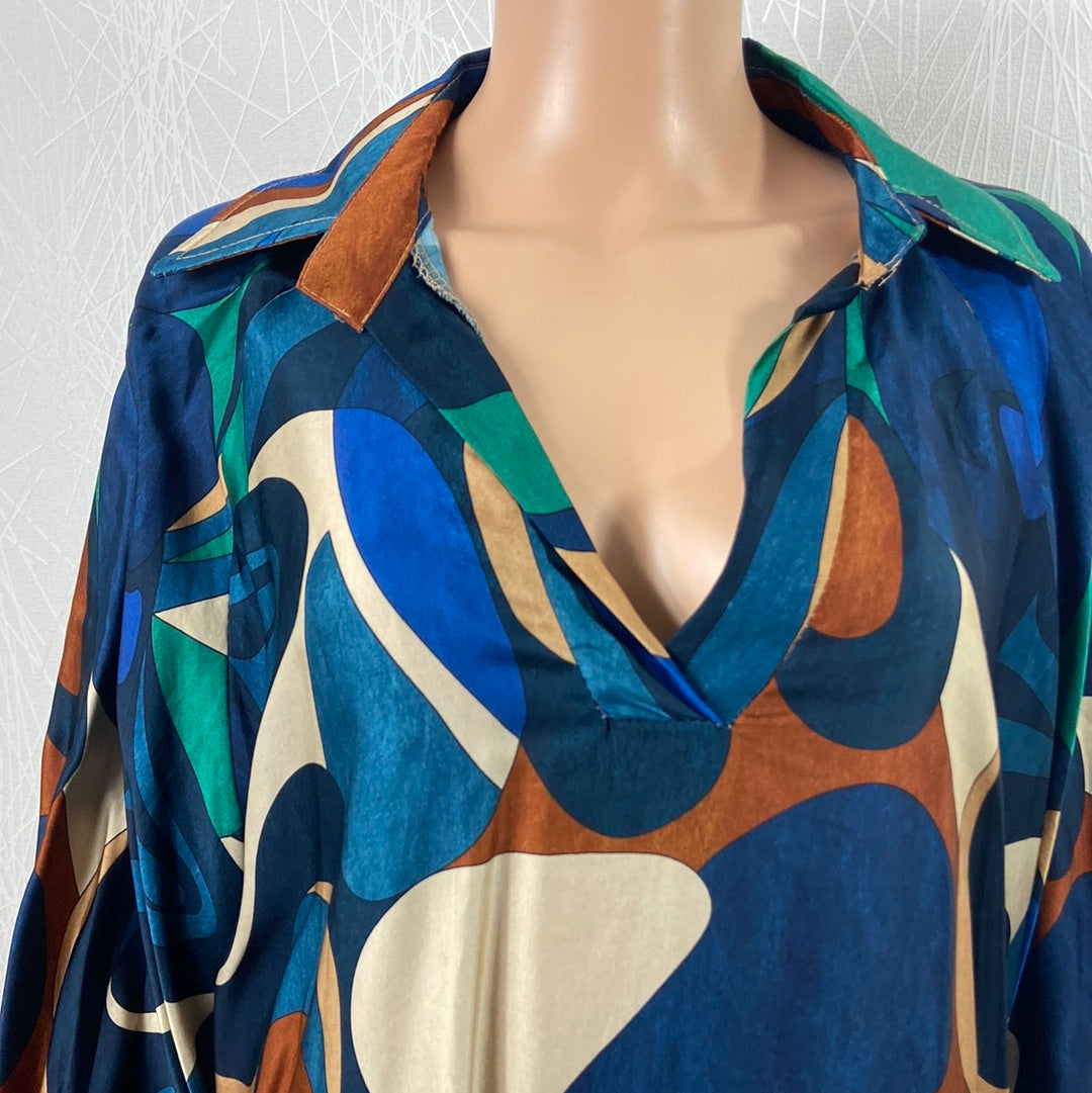 Blouse asymétrique multicolore tissu satin manches larges bouffantes Made In Italy