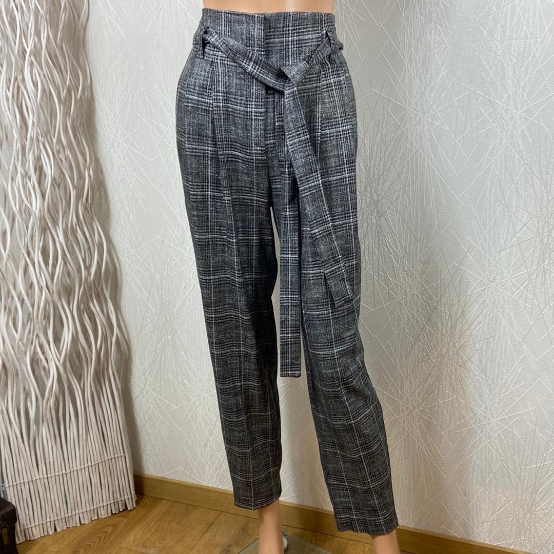 Pantalon taille haute à carreaux noir et gris Morgan - Offre-Unique