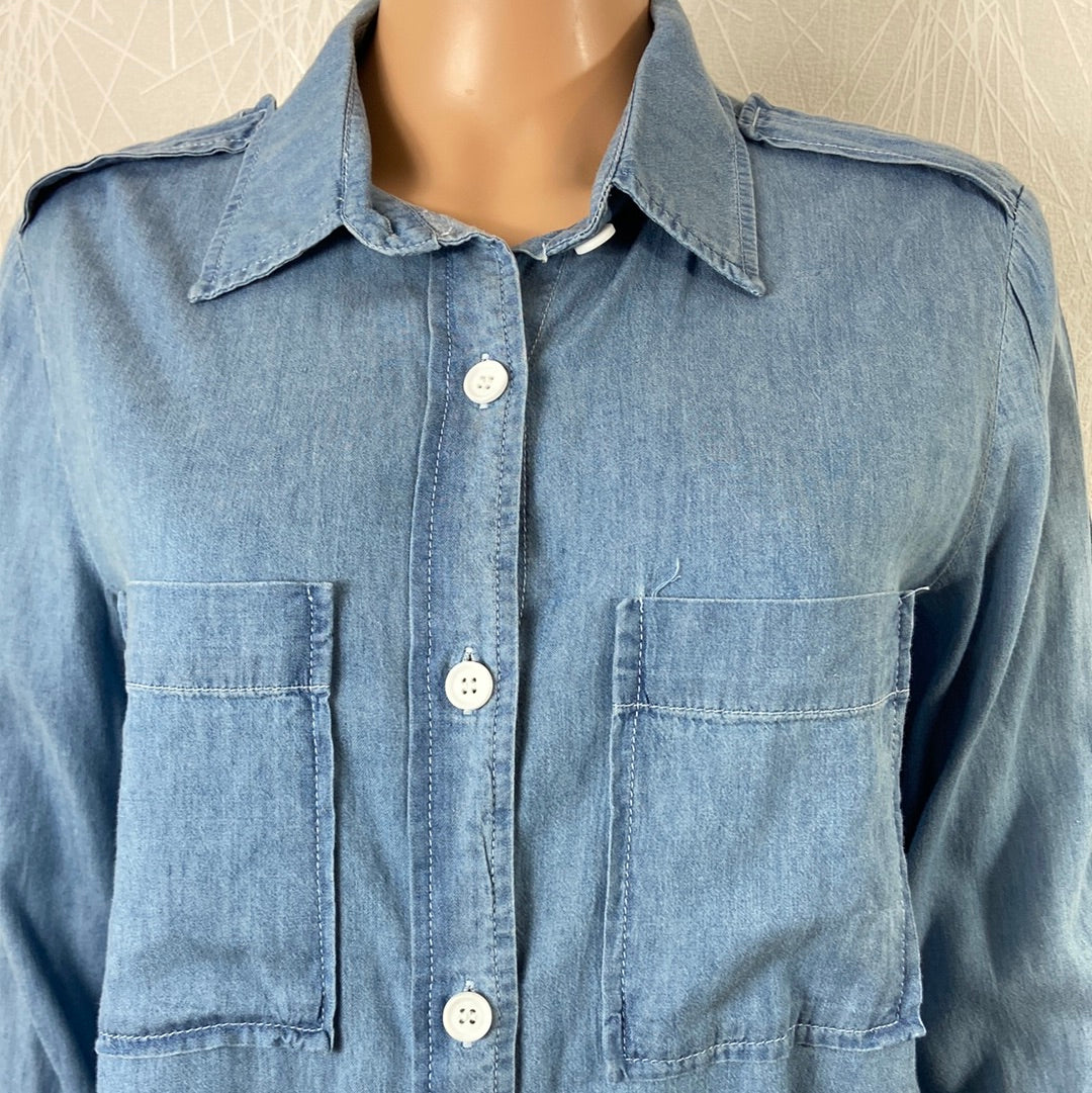 Chemise femme tissu jean denim bleu manches retroussables Cloal