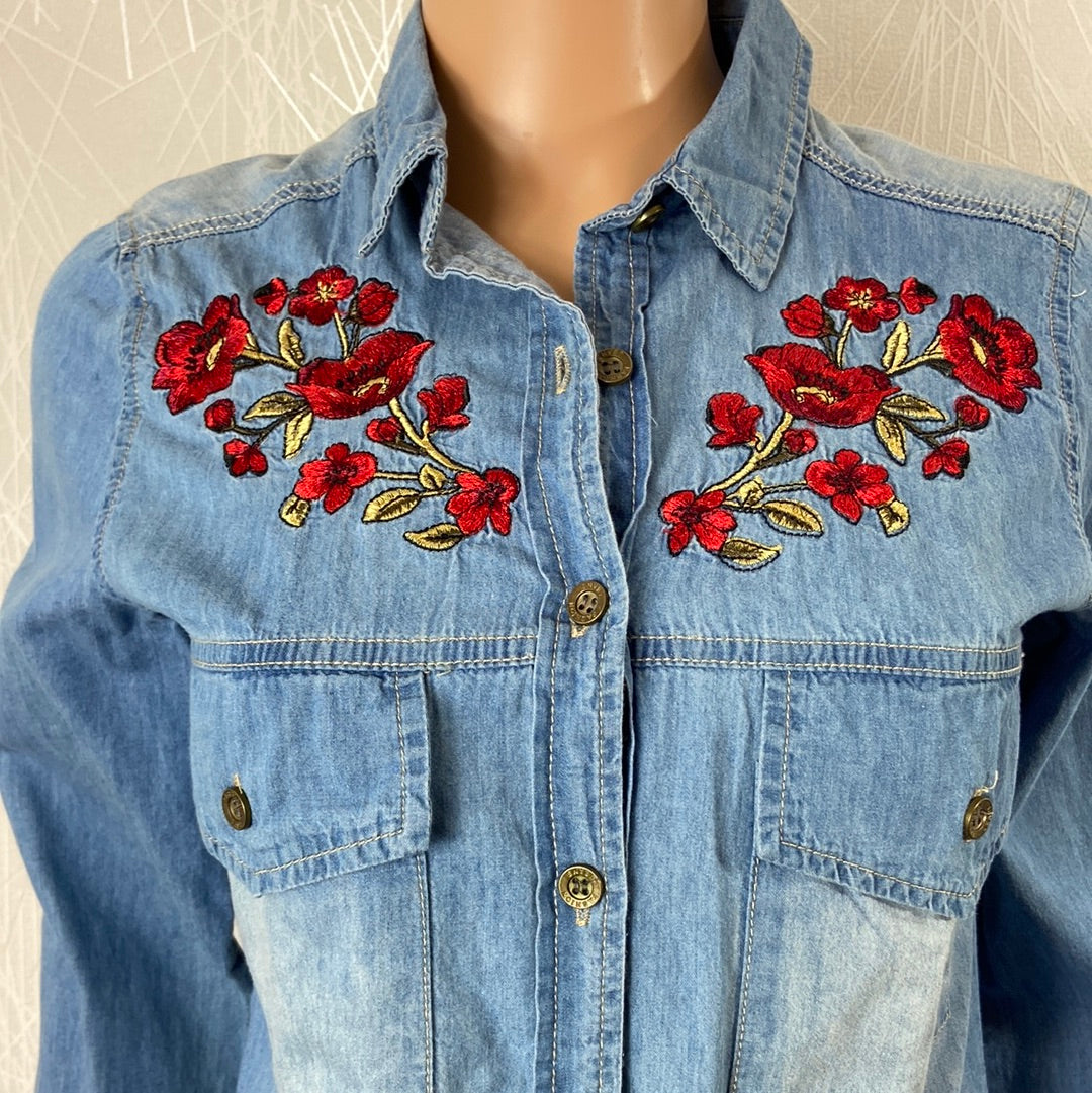 Chemise femme coton jean denim broderies fleurs Po & M