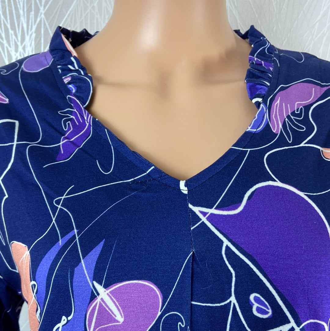 Blouse bleue à motifs col V manches longues plis Le Singe de Julie