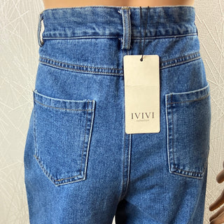 Jeans femme denim bleu taille haute jambes larges IVIVI