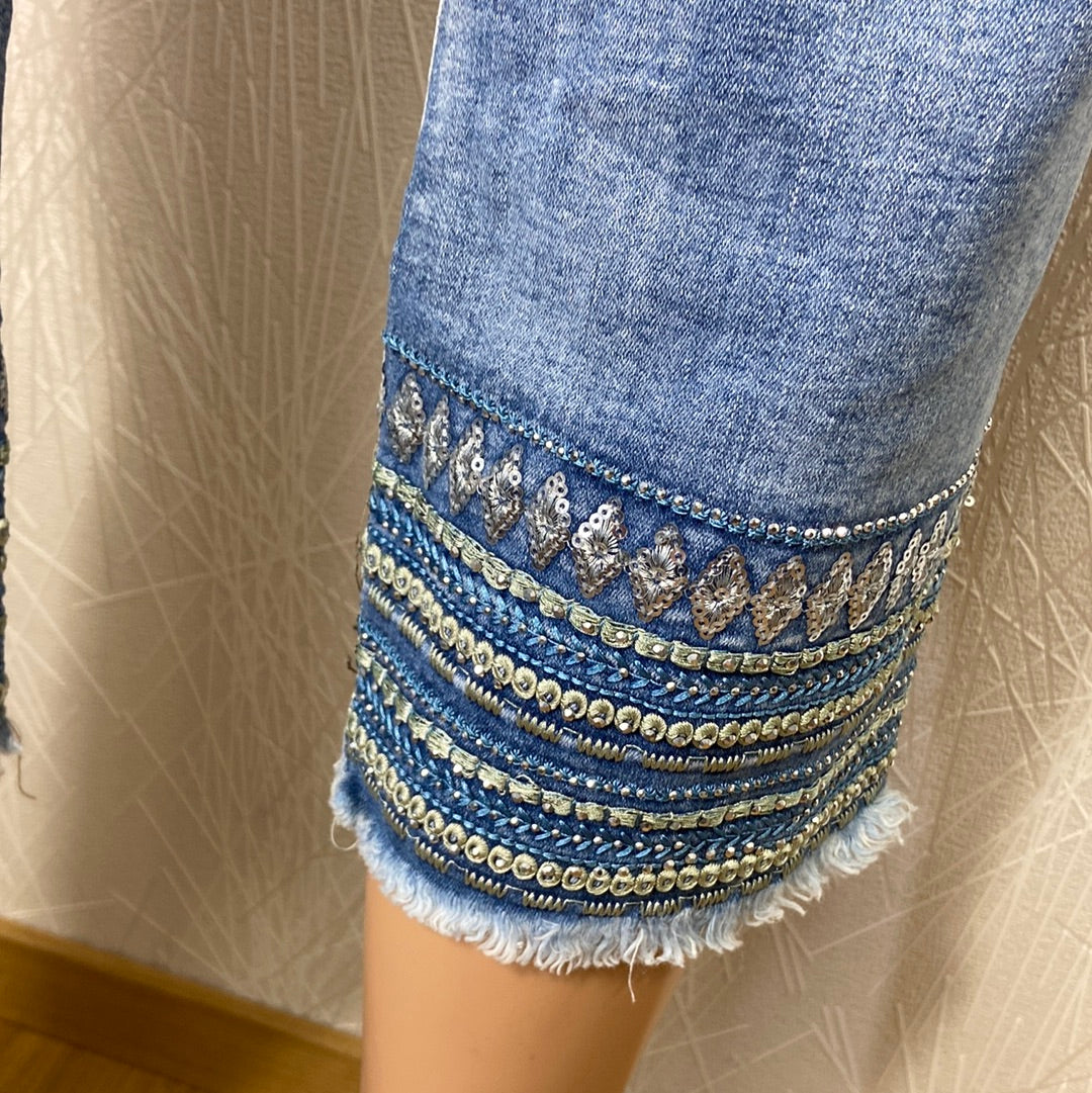 Pantacourt tissu denim jean's sequins perles taille haute confortable Monday Premium