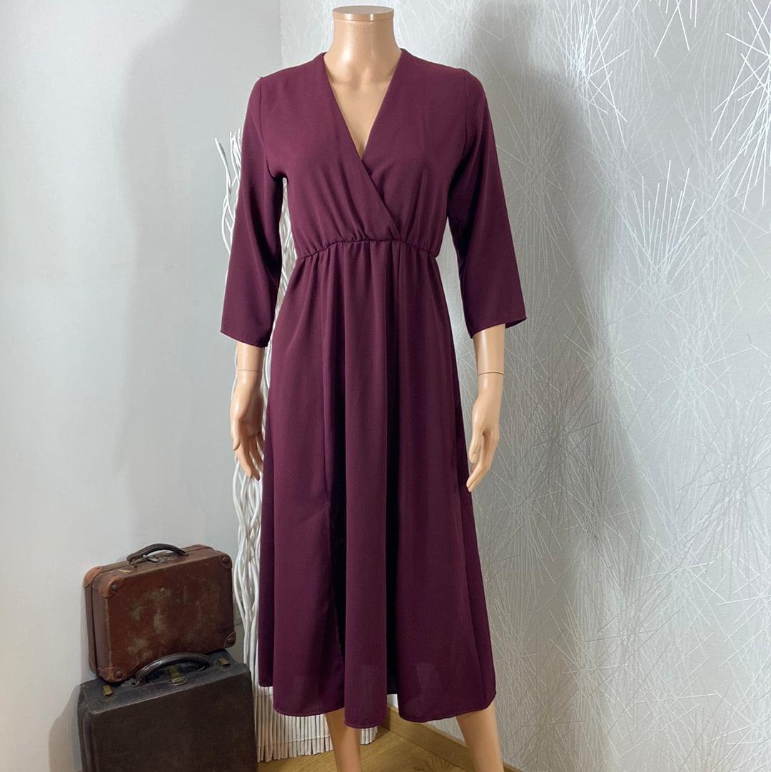 Robe midi rouge bordeaux uni manches 3/4 cache coeur taille élastique Les Petites Fleurs - Offre-Unique