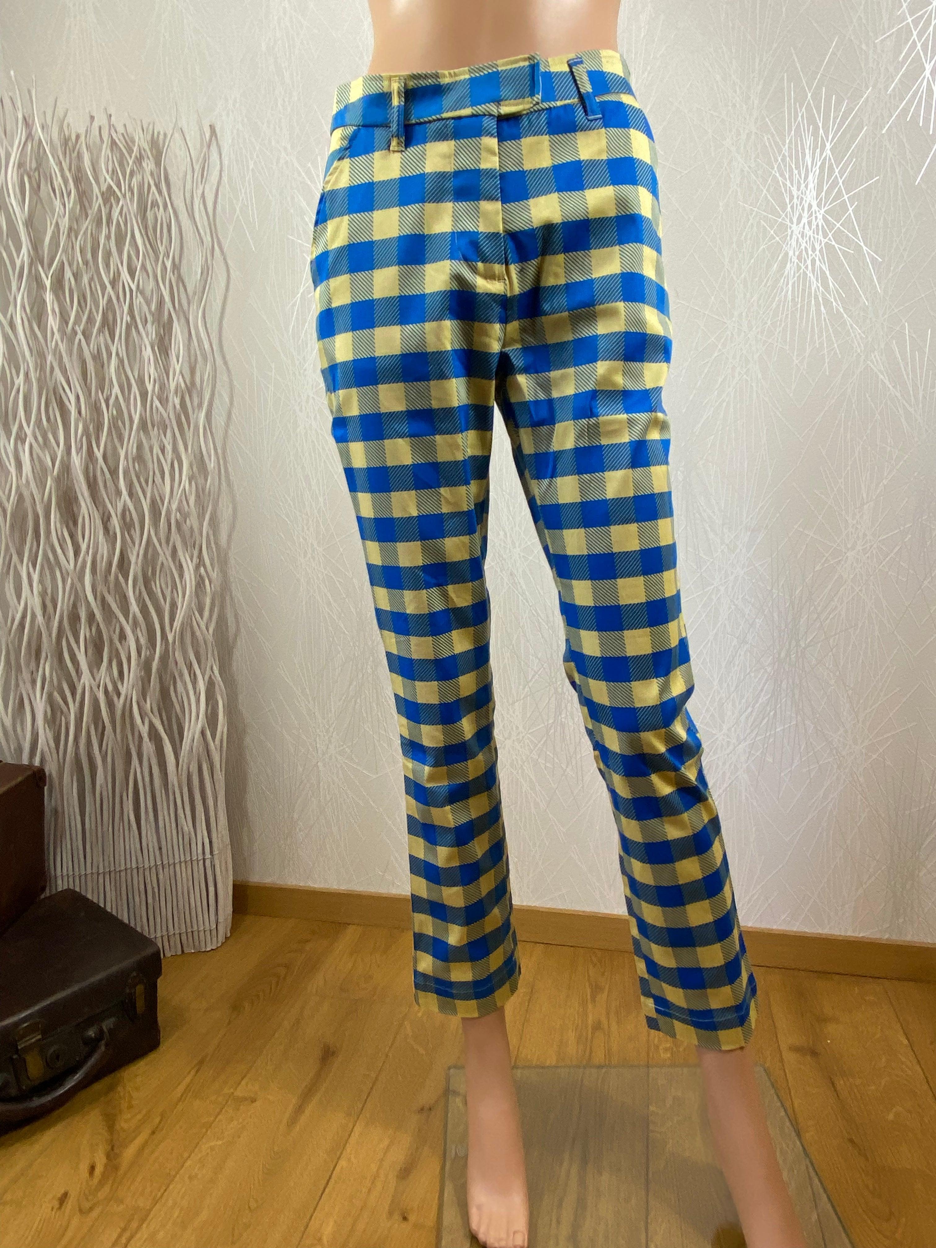 Pantalon coupe droite à carreaux bleu et jaune Zilch - Offre-Unique