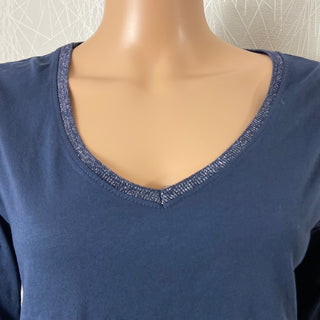 T-shirt femme coton manches longues col V pailleté
