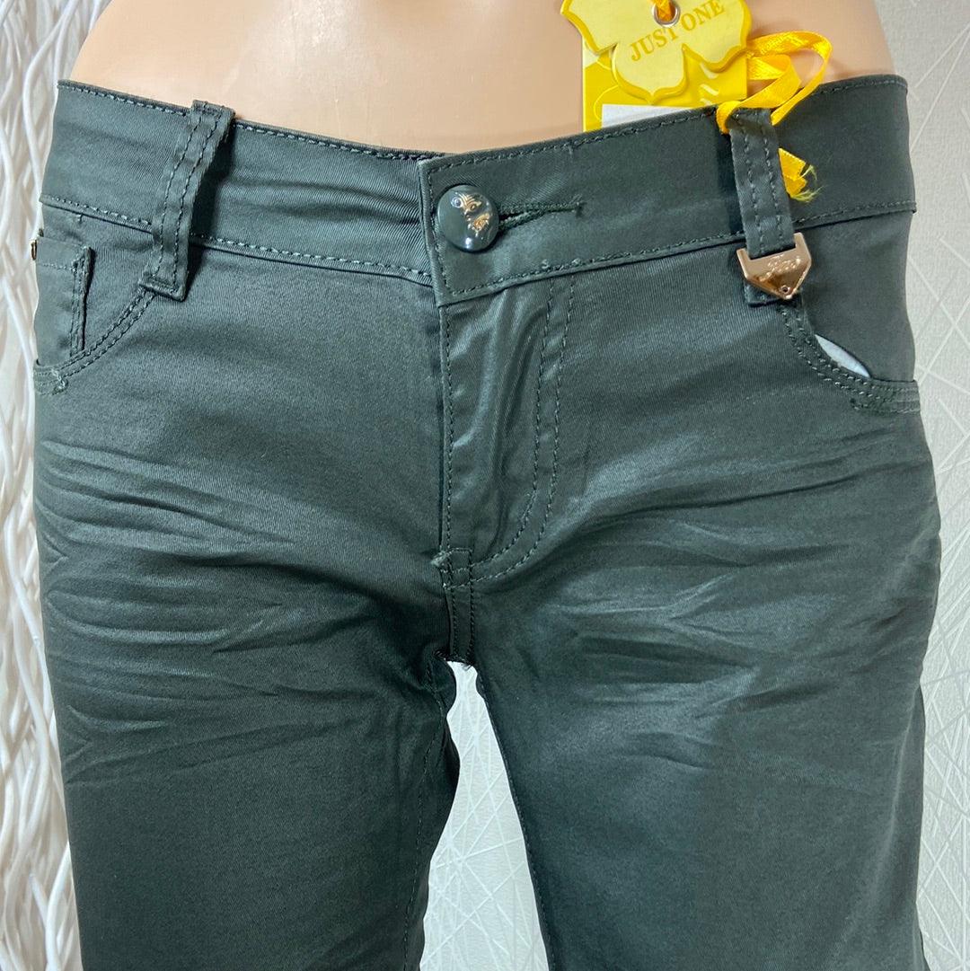 Pantalon coton enduit couleur kaki taille normale jambes évasées Just One - Offre-Unique
