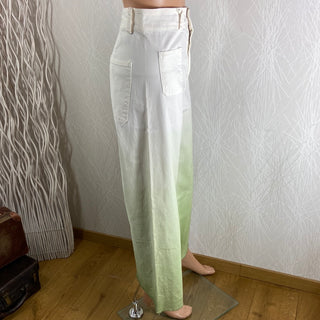 Pantalon jambes larges coton blanc et vert taille haute Celina