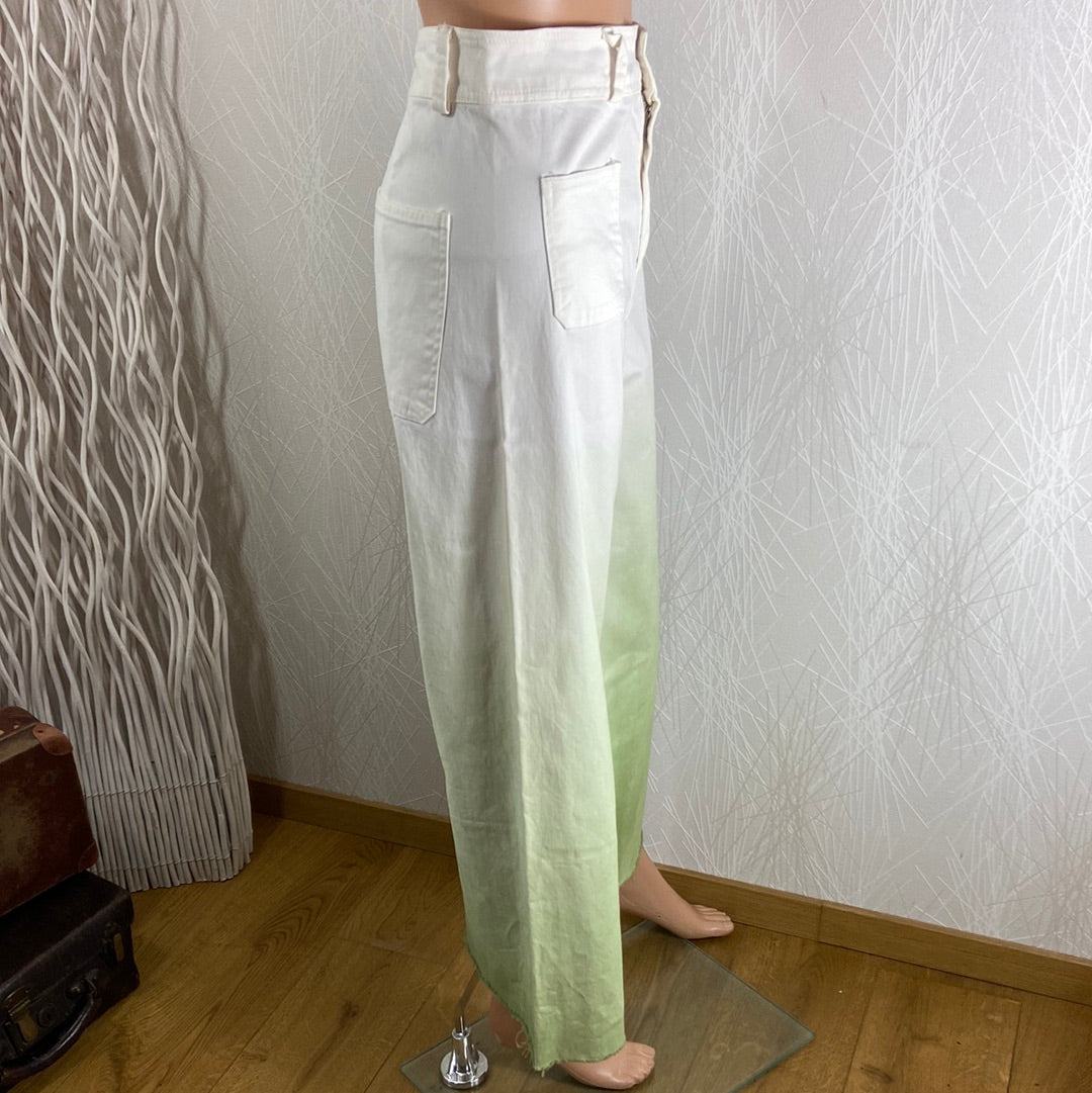 Pantalon jambes larges coton blanc et vert taille haute Celina