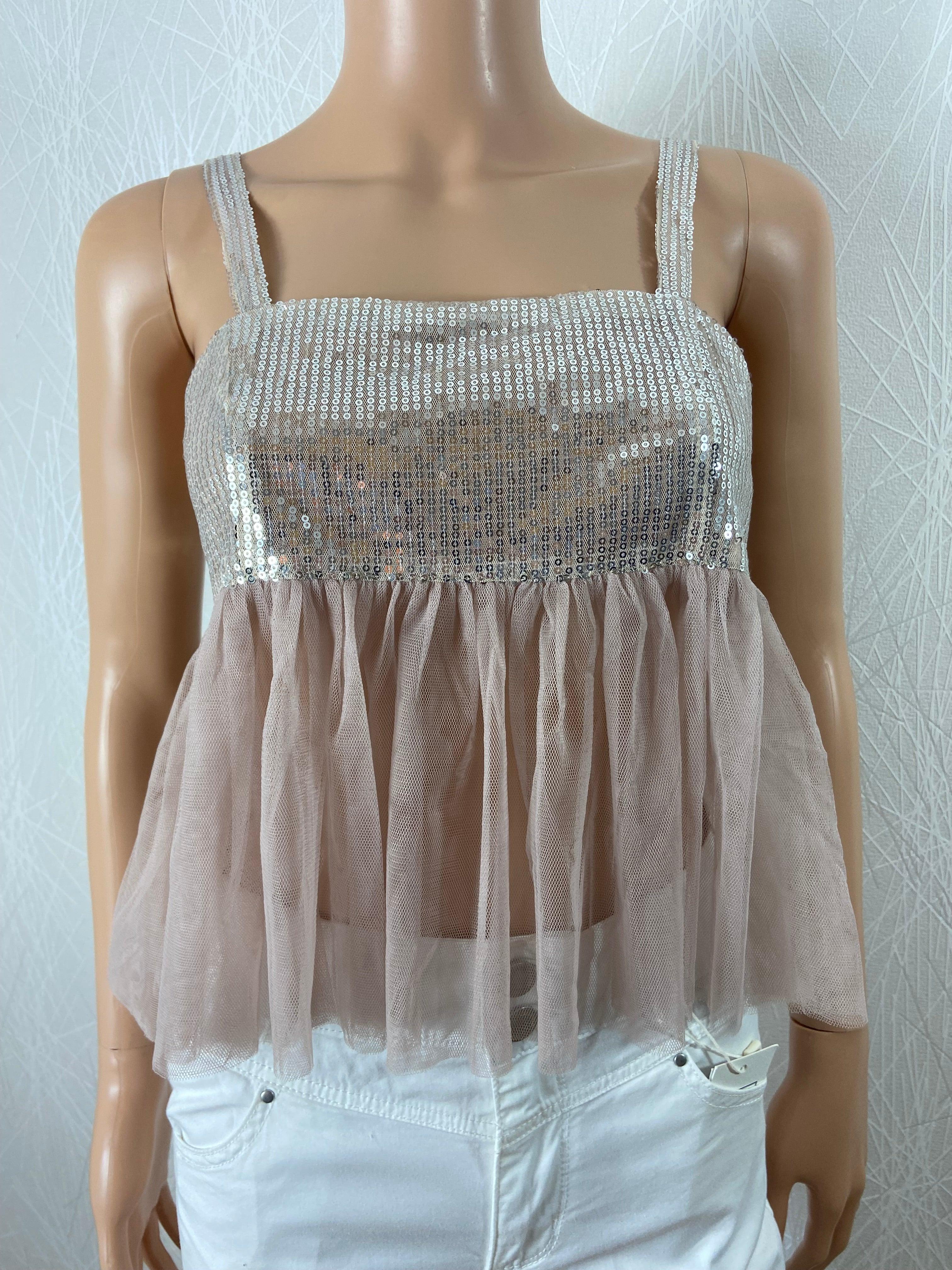 Top en sequins argentés voile transparent Muse - Offre-Unique