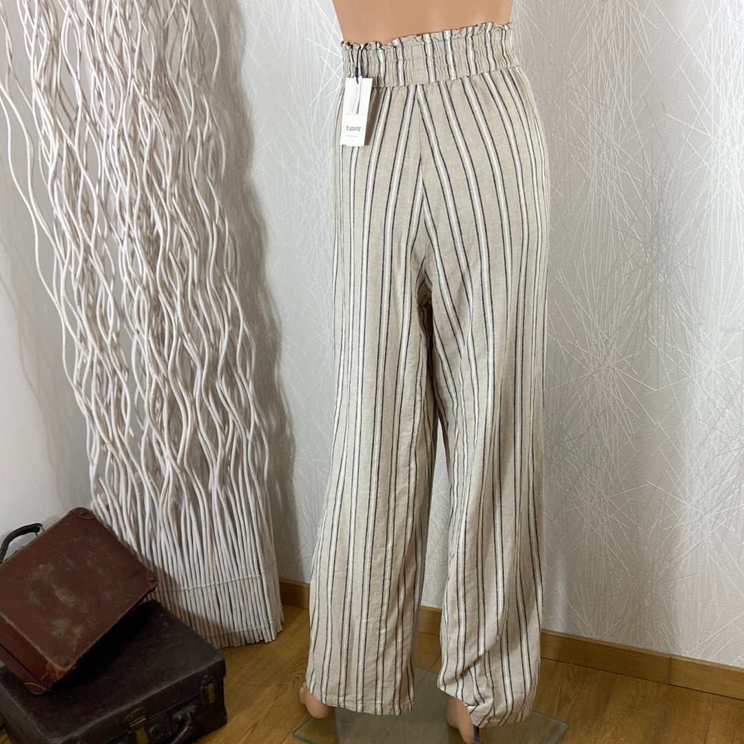 Pantalon lin beige rayé fluide taille haute élastique Byfalakka Pants B.Young - Offre-Unique