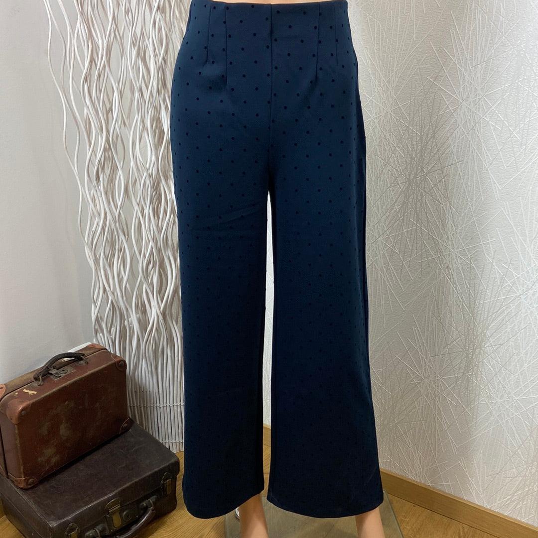 Pantalon bleu petits pois taille haute élastique coupe ample jambes larges Ihkate Pa17 Ichi - Offre-Unique