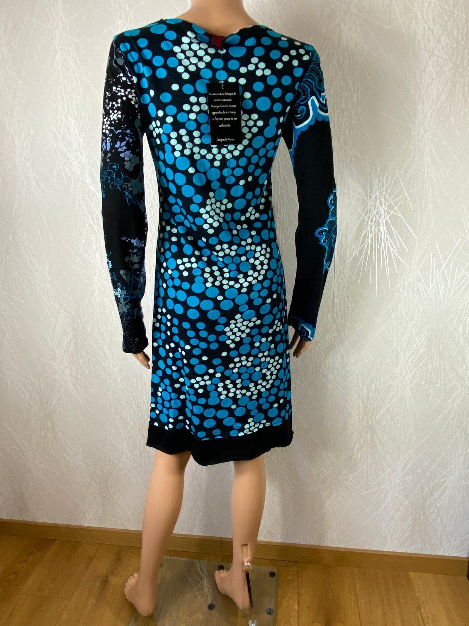 Robe noire et bleue 100 % coton manches longues style hippie chic Aller Simplement