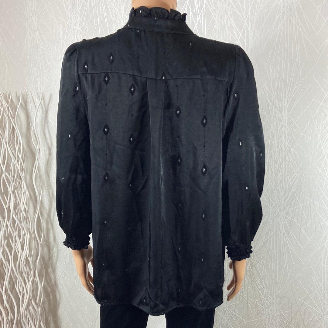 Blouse noire satin manches longues Les Petites Fleurs - Offre-Unique