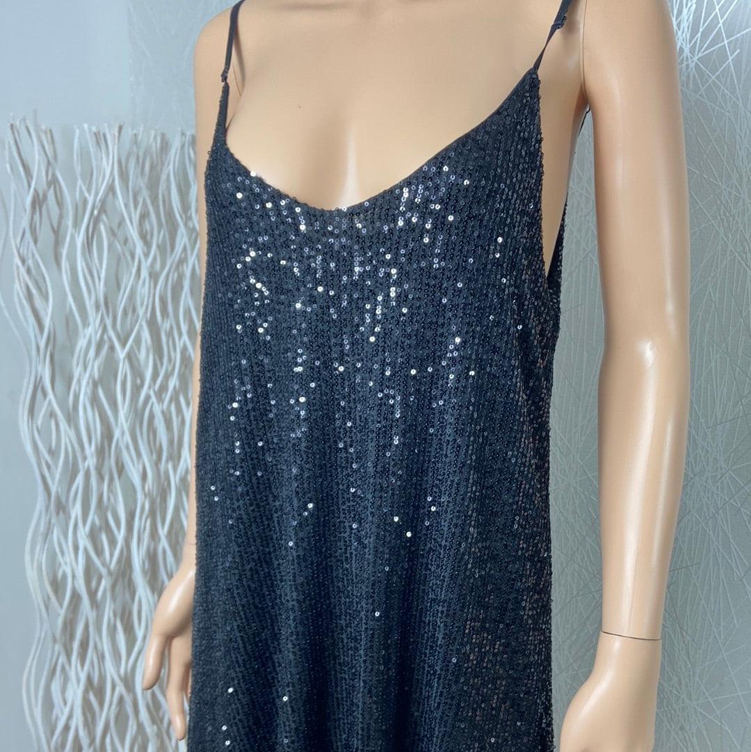 Robe noire doublée à sequins bretelles réglable Pinka - Offre-Unique