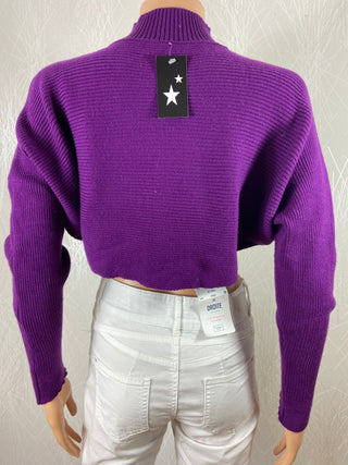 Pull court violet crop top manches longues col montant Made In Italy